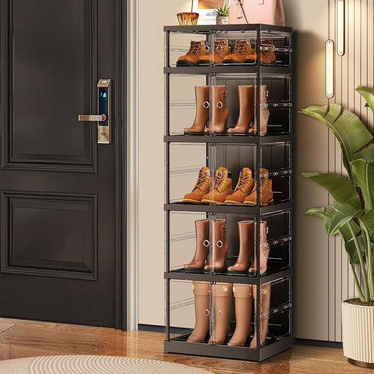 5-Tier Foldable Shoe Rack for Closet Entryway 5-10Pairs,Stackable Clear Shoe Storage Boxes Organizer with Door Plastic Shoe Cabinet Bins with Lids Shoes Shelf Easy Assembly Large Black