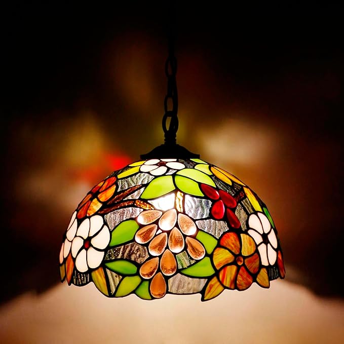 Tiffany Pendant Light Plug in 12 Inch Green Purple Grape Stained Glass Hanging Lamp with Chain 33 Inch, Cord 15 Feet