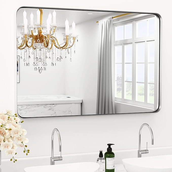 48" x 24" Large Brushed Nickel Bathroom Mirror for Wall, Large Mirrors for Spacious Rooms,Brushed Silver Metal Framed Mirror, Rounded Rectangle Silver Bathroom Mirrors, Tempered Glass