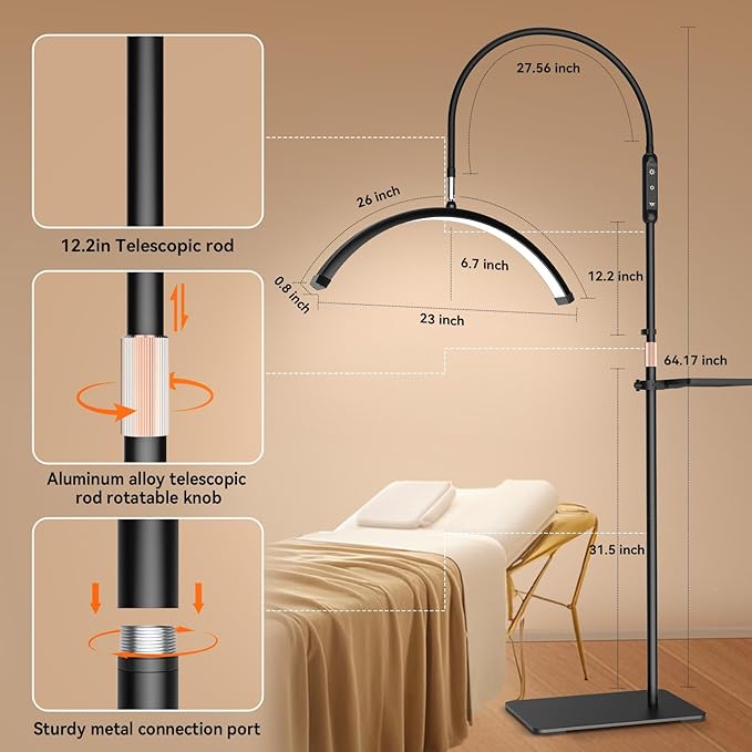 Bling Lash Light for Eyelash Tech, Flexible Neck Led Half Moon Light Floor Lamp for Eyelash Extensions/Tattoo Artists/Estheticians, Sparkly Lash Lights, with Stand Tray, Crystal Diamond