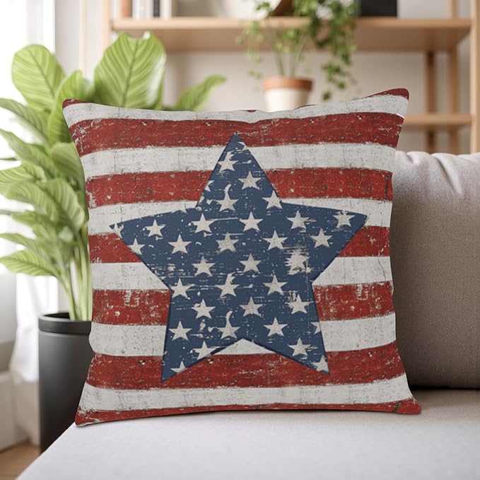 Vintage American Flag Star Pillow Covers 20x20 Set of 2 Red White Stripes Patriotic Outdoor Throw Pillows Covers 4th of July Independence Memorial Day Cushion Case for Home Couch Sofa Decor
