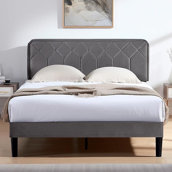 VECELO Full Size Bed Frame Premium Velvet Upholstered Platform with Height Adjustable Headboard/Mattress Foundation, Solid Wooden Slat Support, No Box Spring Needed/Easy Assembly