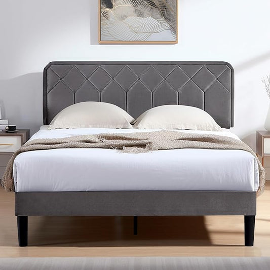 VECELO Full Size Bed Frame Premium Velvet Upholstered Platform with Height Adjustable Headboard/Mattress Foundation, Solid Wooden Slat Support, No Box Spring Needed/Easy Assembly