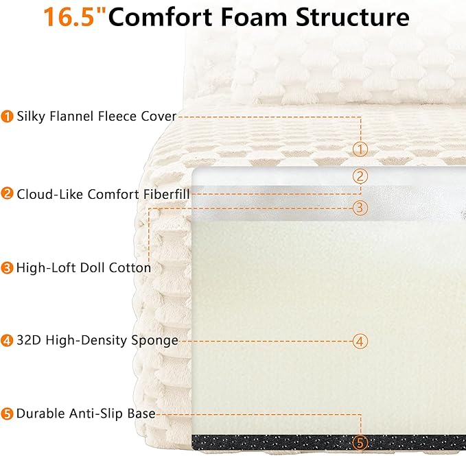 KEIKI 114" Oversized 3-Seater Boneless Couches for Living Room, Compact Modular Sectional Velvet Sofa L-Shaped, Deep Seat Cozy Foam Lounge Couch No Assembly, Modern Comfort Design, Cream