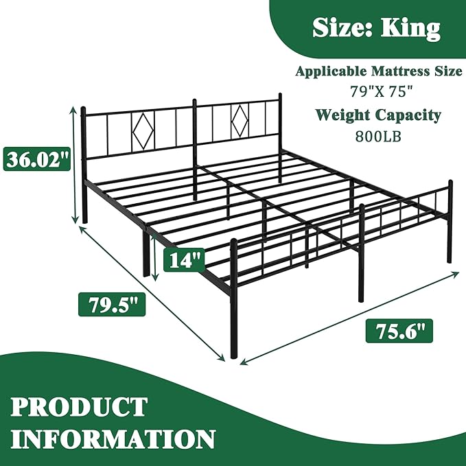 14 Inch King Size Bed Frames with Headboard/Footboard, Under Bed Storage, Strong Metal Slats Support, No Box Spring Needed, Noise Free, Easy Assembly, Black