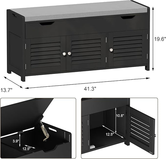 ChooChoo 41.3" Shoe Storage Bench with Lift Top Storage, Entryway Bench with Cushioned Seat, Adjustable Shelf, Shoe Cabinet with Hidden Space, for Entryway, Bedroom, Living Room, Black