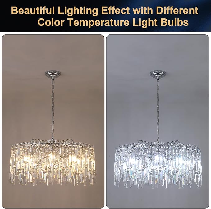 Large Crystal Chandelier 30'' Chrome Modern Chandelier for Dining Room 10 Light Drum Chandelier Luxury K9 Raindrop Crystal Ceiling Pendant Fixtures for Living Room Bedroom Staircase Foyer