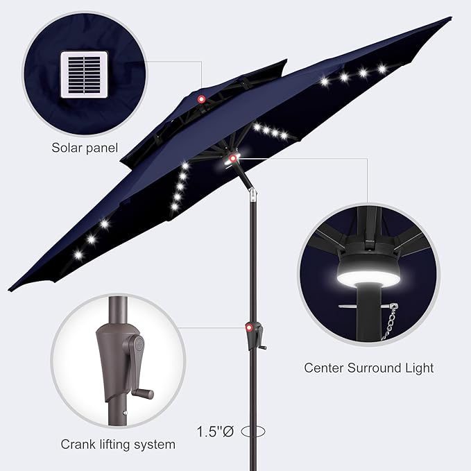 9ft Solar Umbrella Outdoor - 2 Tiers Lighted Solar Patio Umbrella with 40 LED Lights Waterprool UV Protection, Table Umbrella with Tilt for Pool, Porch, Garden, Backyard (Navy Blue)
