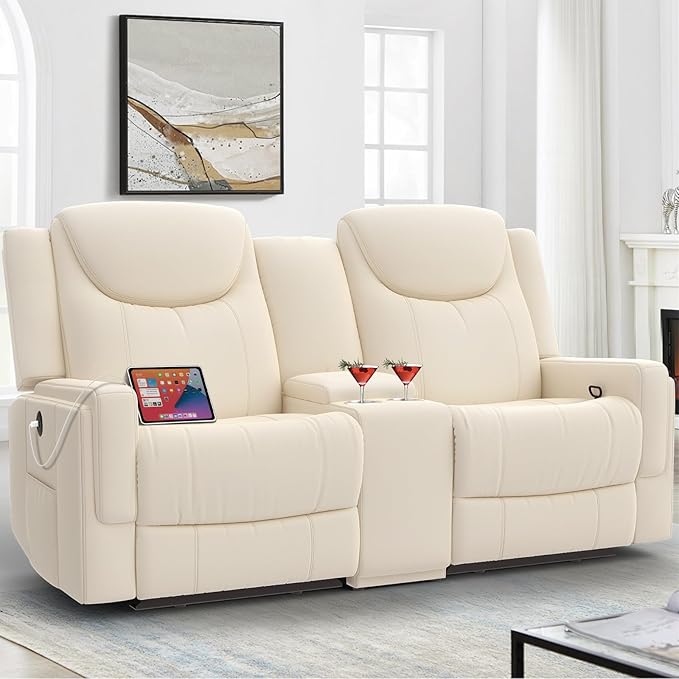 Dresegmt Loveseat Recliner Sofa, Beige PU Leather Double Recliner Loveseat with Console, Cup Holders, Storage & USB Ports, Ergonomics，Manual Reclining Sofa Couch for Living Room, RV