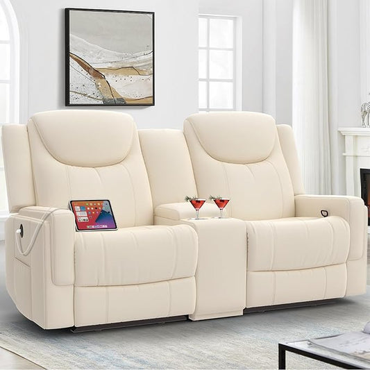 Dresegmt Loveseat Recliner Sofa, Beige PU Leather Double Recliner Loveseat with Console, Cup Holders, Storage & USB Ports, Ergonomics，Manual Reclining Sofa Couch for Living Room, RV