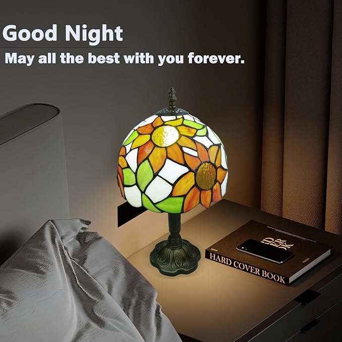 Crefotu Tiffany Style Table Lamp, 3 Color Temperatures Bedside Lamp, 8 Inch Stained Glass Desk Light for Home Office Bedroom Living Room (Sunflower Pattern)