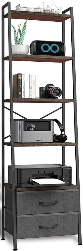 Whitmor 5-Tier Ladder Bookshelf with 2 Drawers, Narrow Modern Display Bookcase with Wood Shelves & Metal Frame, Freestanding Storage Rack for Living Room, Bedroom, Bathroom, Home Office, Black