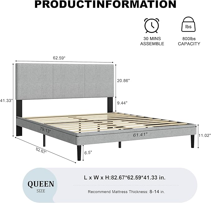 Queen Size Bed Frame with Upholstered Headboard, Sturdy Wood Slats, No Box Spring Required, Silent, Easy Assembly, Gray