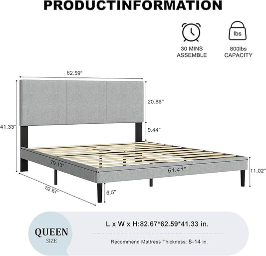 Queen Size Bed Frame with Upholstered Headboard, Sturdy Wood Slats, No Box Spring Required, Silent, Easy Assembly, Gray