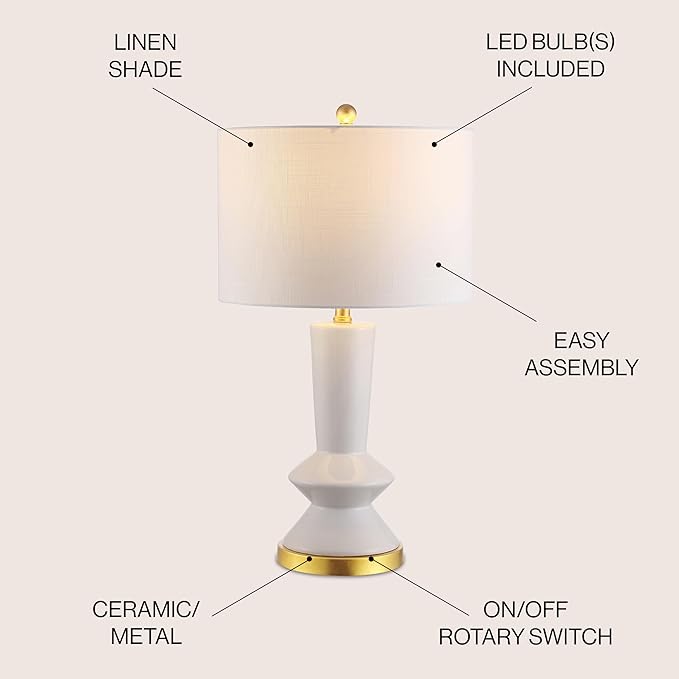 JONATHAN Y 27" White/Gold Modern Ceramic Table Lamp for Bedroom Living Room, with White Linen Shade, Glam Geometric Bedside Nightstand Lamp, LED Bulb Included JYL6607A