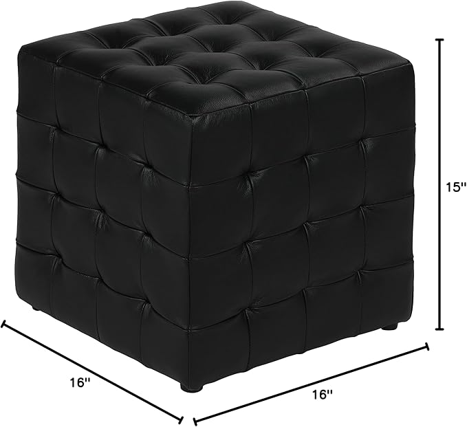 Cortesi Home Charli Tufted Cube Ottoman in 100% Genuine Leather, Black
