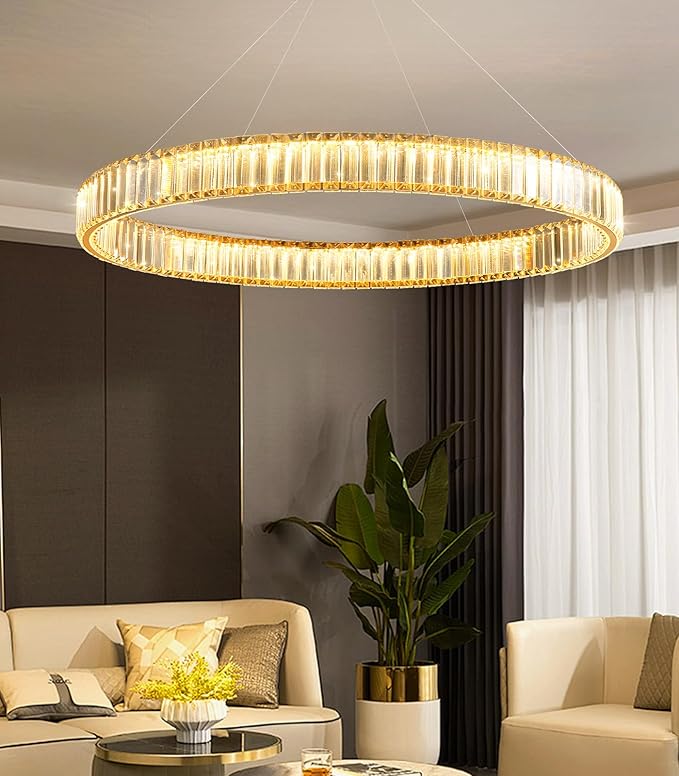 32'' Modern Ring Chandelier Crystal Chandeliers for Dining Room Round LED Dimmable Ceiling Light Fixture for Living Room Bedroom Lighting Gold