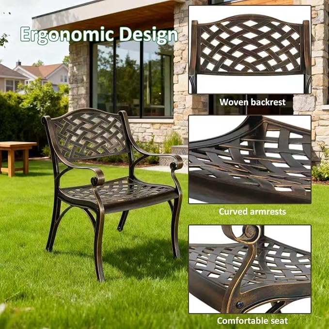 Cast Aluminum Patio Chairs of 2, Outdoor Dining Chairs Set, Aluminum Patio Chairs with Armrest for Garden, Backyard, Poolside, Balcony