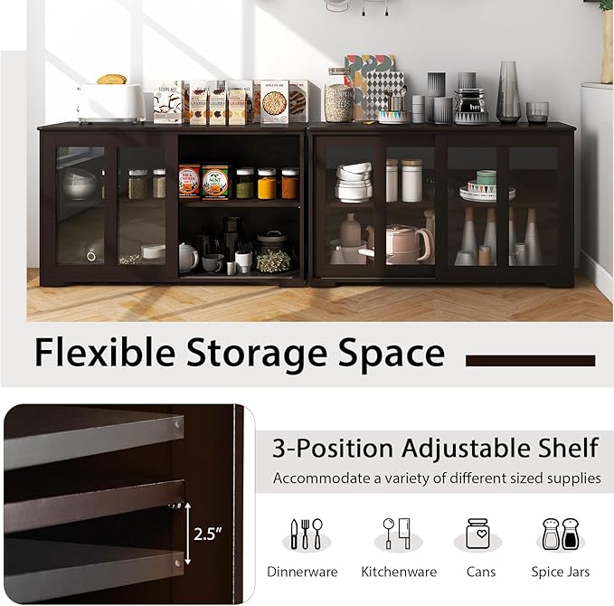 Byroce Sideboard Buffet Cabinet, Stackable Storage Coffee Bar Cabinet with Adjustable Shelf & Glass Sliding Doors, Wood Cupboard Credenza Console Table for Kitchen Dining Living Room (2, Coffee)