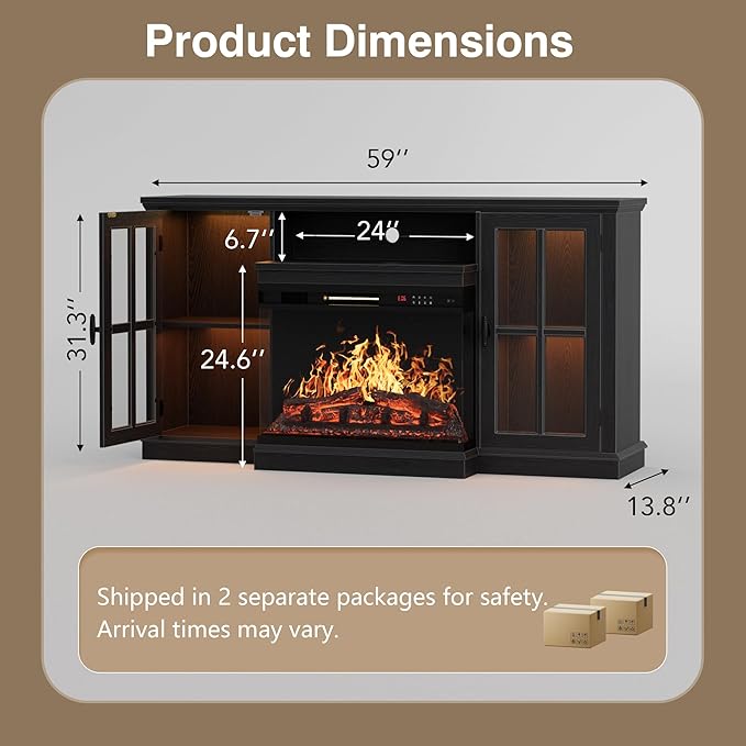 YESHOMY Glass Fireplace TV Stand for Televisions up to 65", Media Entertainment Center Console Table with Led Lights, Black