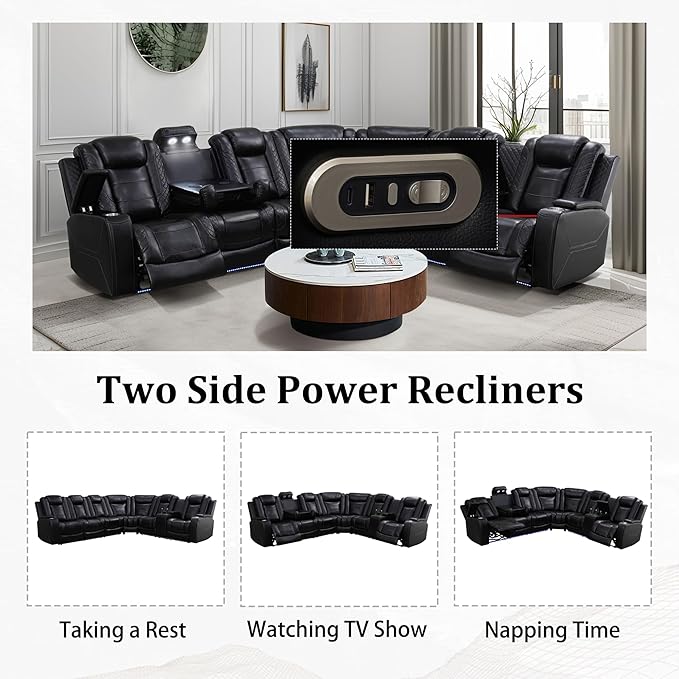 Air Leather Recliner Sectional Sofa Set, Power Reclining Sectional Couch for Living Room, L Shaped Recliner Corner Couch and Single Chair with LED Lighting, USB Port&Storage (Black Pro)