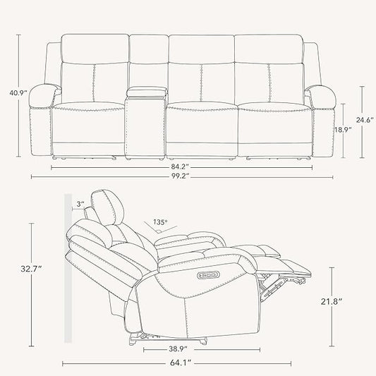 Watson & Whitely Genuine Leather Power Recliner Sofa, 3 Seater Wall Hugger Reclining Sofas with Storage Console, Power Headrest, USB, Electric Recliner Couch Set for Living Room, Cream