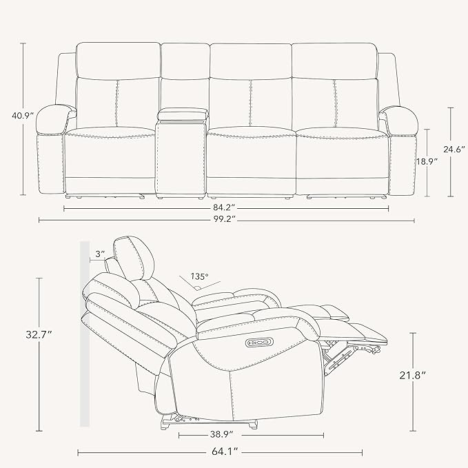 Watson & Whitely Genuine Leather Power Recliner Sofa, 3 Seater Wall Hugger Reclining Sofas with Storage Console, Power Headrest, USB, Electric Recliner Couch Set for Living Room, Saddle Brown