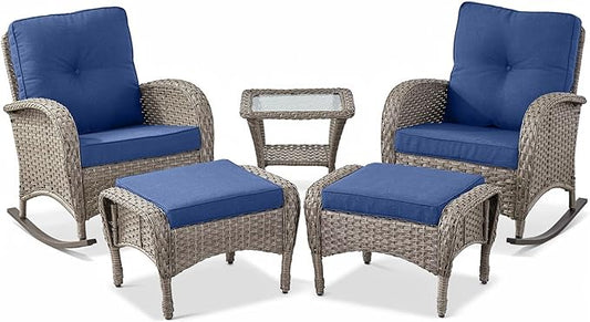 Belord 5 Piece Patio Rocking Chairs Furniture Set - Outdoor Wicker Furniture with Ottomans and Side Table, Rattan Conversation Bistro Set for Porch Deck Balcony