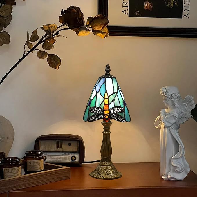 Tiffany Small Lamp Blue Dragonfly Stained Glass Bedside Nightstand Table Lamp,3-Way Color Temperature Handcrafted Lamps for Living Room Bedroom+ LED Bulb,Gifts for Home Decor,6X6X13Inch