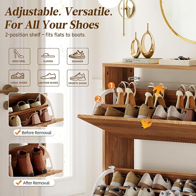 Nicetree Shoe Storage Cabinet for Entryway - 4 Flip Drawers Shoe Cabinet with Tiered Fluted Design - Slim Shoe Storage Rack with Gold Legs - Narrow Shoe Cabinet Hidden Shoe Organizer for Small Spaces