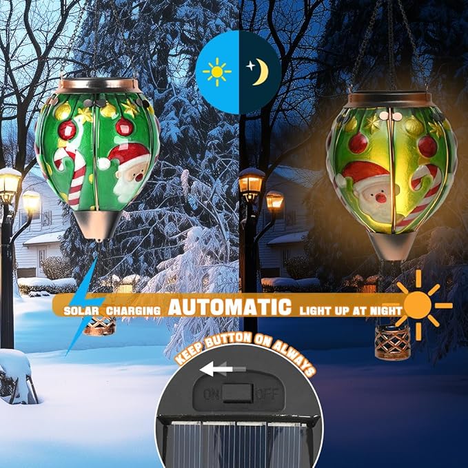 Solar Powered Hot Air Balloon Lantern - Santa Glass Lantern, Simulated Flickering & Dancing Flame, Outdoor Hanging Yard Light Waterproof IP65 for Patio Lawn Porch Christmas Decor Gift