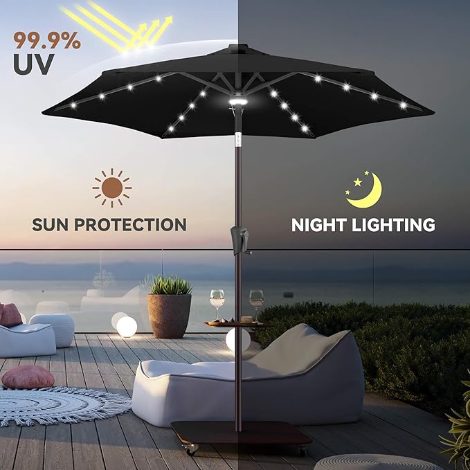 7.5FT Solar Umbrella Outdoor - Lighted Solar Patio Umbrella with 24 LED Lights Waterprool UV Protection, Table Umbrella with Tilt for Pool, Porch, Garden, Deck, Backyard (Black)
