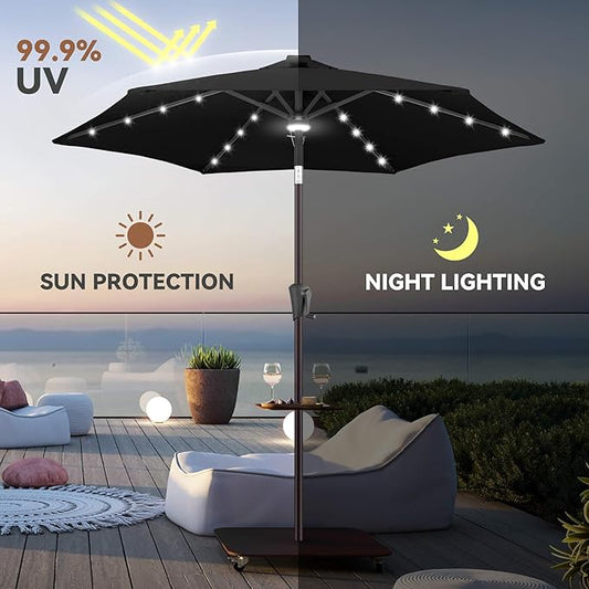 7.5FT Solar Umbrella Outdoor - Lighted Solar Patio Umbrella with 24 LED Lights Waterprool UV Protection, Table Umbrella with Tilt for Pool, Porch, Garden, Deck, Backyard (Black)