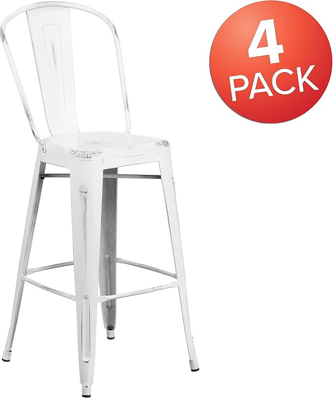 Flash Furniture Blake Commercial Grade 4 Pack 30" High Distressed White Metal Indoor-Outdoor Barstool with Back