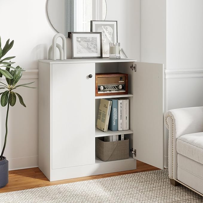Giantex 2 Door Storage Base Cabinet - Freestanding Floor Cabinet with 3-Tier Shelf, 28” x 13.5” x 33.5”, Non-Slip Foot Pads, Kitchen Cupboard Storage Organizer for Living Room, Entryway, Office