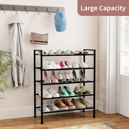5-Tier Shoe Rack, Metal Storage Shelves for Closet Entryway, Tall Narrow Unit for Small Spaces, Multi-Purpose Organizer for Bedroom Garage, Easy Assembly, Black