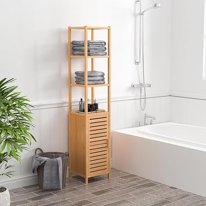 67" Tall Bathroom Cabinet，Linen Tower Cabinet with Single Door and 3 Tier Shelves，Bamboo Freestanding Cabinets Storage Organizer for Living Room, Bedroom, Kitchen