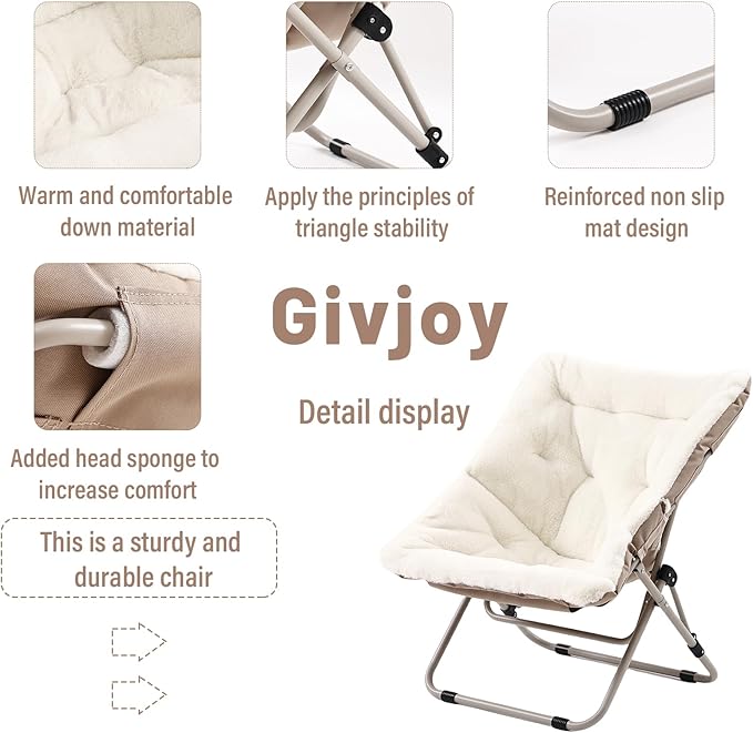 Living Room Chair, Soft Faux Fur Folded Chair Oversized Folding Accent Chairs, Furry Lazy Chairs, Metal Frame Moon Chair for Bedroom, Living Room
