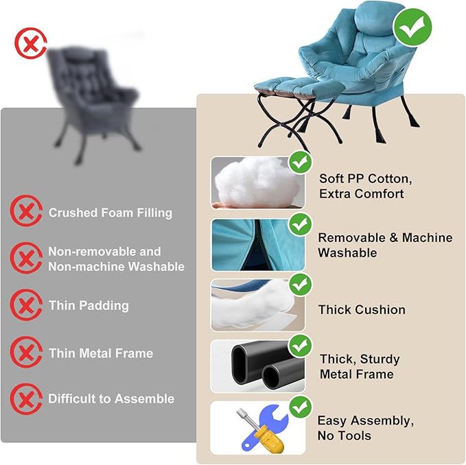 Lazy Chair with Ottoman, Modern Chair with Folding Footrest, Velvet Light Blue Accent Chair, Comfortable Reading Chair, Oversized Armchairs for Bedroom, Study, Living Room, Courtyard