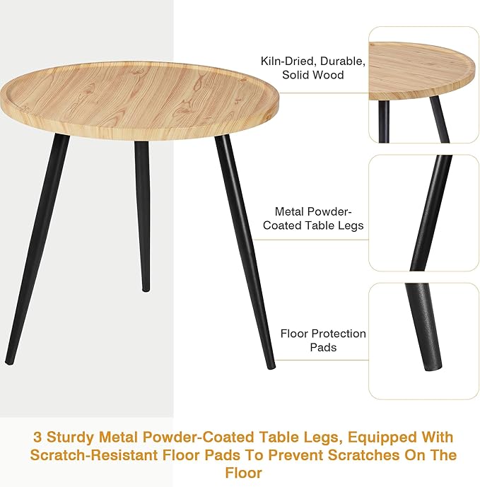 VECELO Modern Side Table, Round Small End Table, Exclusively Designed Hand-Crafted Small Nightstand, Solid Wood,Oak top with Black Metal Legsfor Bedrooms, Living Rooms and Home Office