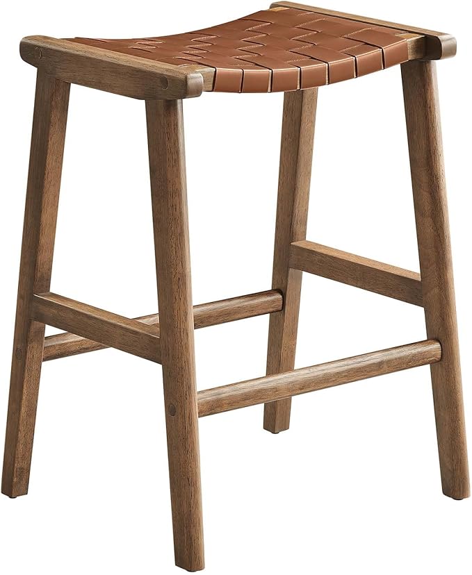 Modway Saoirse Faux Leather Wood Counter Stool - Set of 2 in Walnut Brown