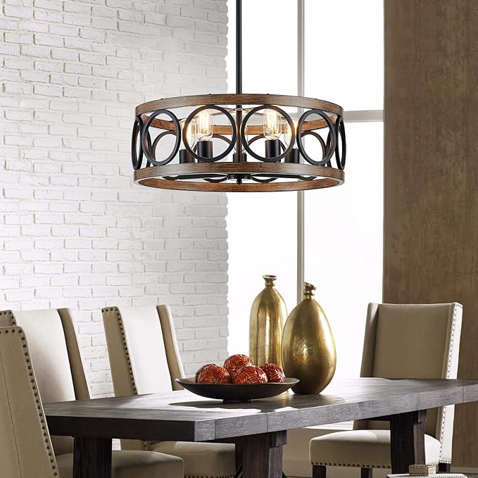 XINGQI Modern Farmhouse Chandelier 5 Lights Black Wood Grain Dining Room Pendant Lighting Fixture 21.7" Drum Chandelier for Living Room Entryway Bedroom