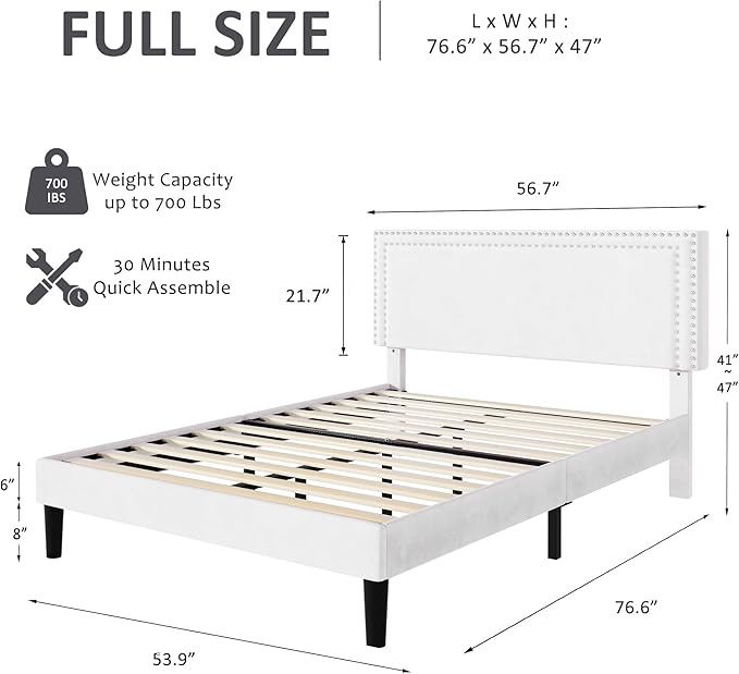 VECELO Full Bed Frame with Adjustable Upholstered Headboard, Wooden Slats Platform, Noise-Free Design, Easy Assembly