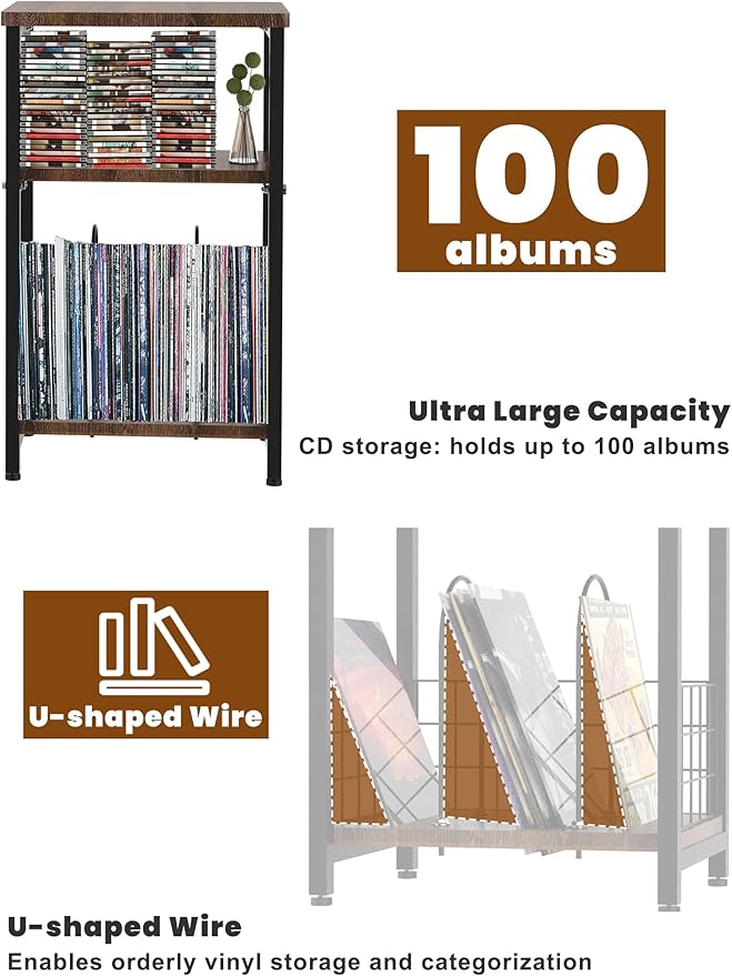 Record Player Stand, 3 Tier Side End Table with Vinyl Record Storage Basket, Turntable up to 100 Albums Record Shelf Display Holder Cabinet for Living Room, Bedroom, Office, Black