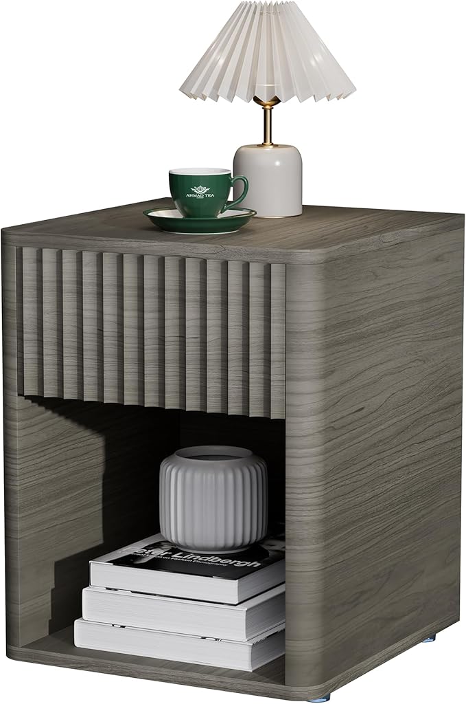 VICITON Fluted Narrow Night Stand,Thin Nightstand with Leather Surface, Small End Table with Storage, Living Room/Bed Side Table for Small Spaces (Gray, Large)