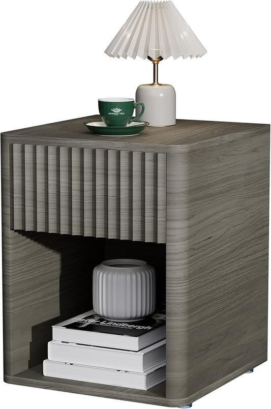 VICITON Fluted Narrow Night Stand,Thin Nightstand with Leather Surface, Small End Table with Storage, Living Room/Bed Side Table for Small Spaces (Gray, Large)