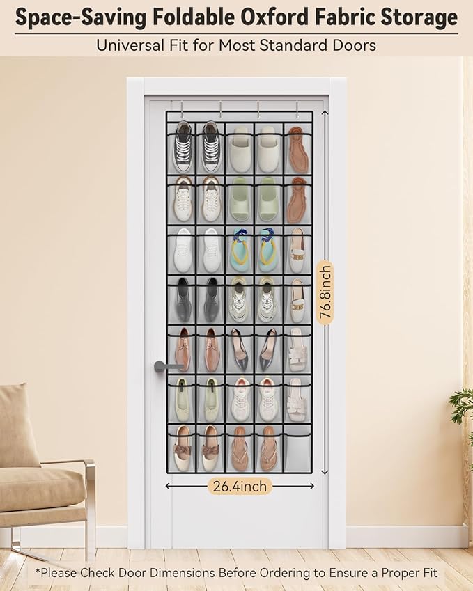 dodowin Over the Door Shoe Organizers, 2 Pack (Black 24-Pocket & Grey 40-Pocket) - Hanging Shoe Rack with 4 Metal Hooks, Space Saving Foldable Storage for Closet Door