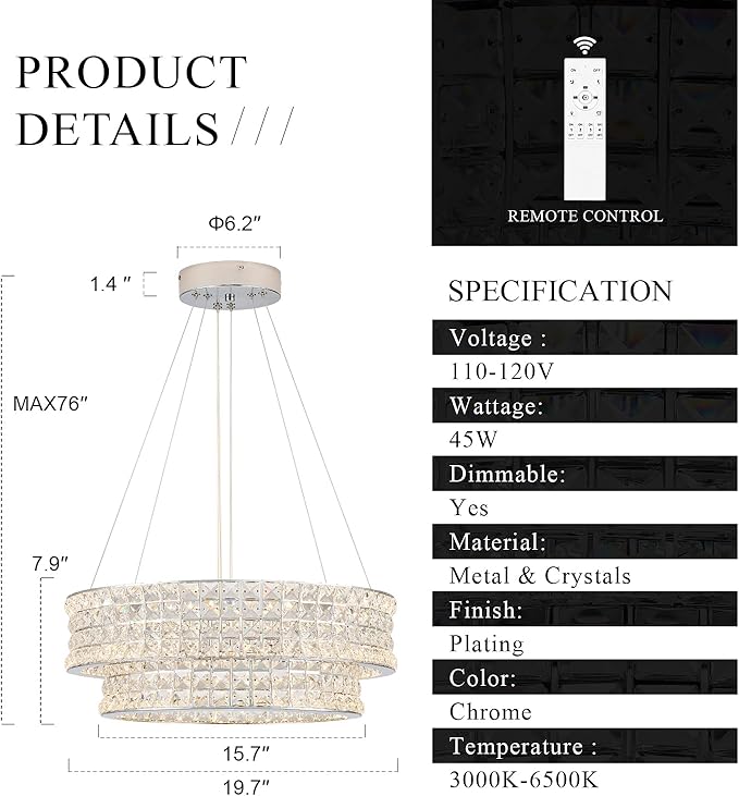 LED Crystal Chandeliers with Remote Control 20’’ Luxury 2-Tier Modern Chrome Chandelier Light Fixture Dimmable for Dining Room Bedroom Kitchen Foyer Entryway 3000-6500K