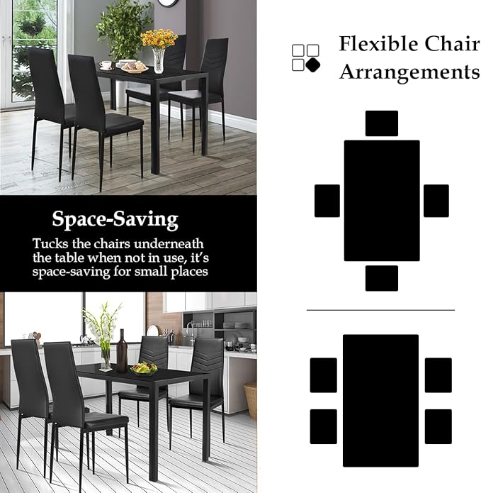 NAFORT Dining Table Set for 4, 48.5" Rectangle Tempered Glass Kitchen Room Table with 4 Black Faux Leather Dining Chairs, Space-Saving Dinner Tables with Metal Frame for Dining Room, Office, Dinette