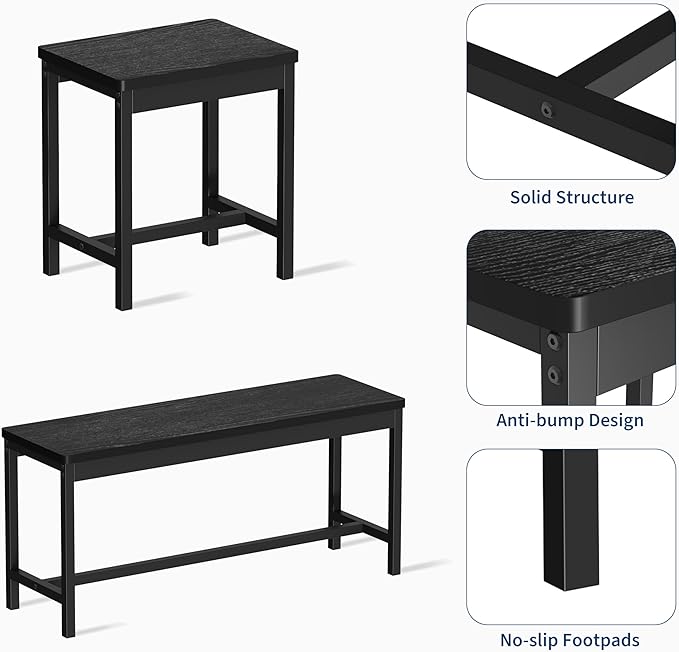 GarveeHome 5 PCs Dining Table Set for 6-8 People, 63 in Extendable Kitchen Table Set with 2 Benches and 2 Square Stools, Modern Dining Room Furniture Sets, Easy Assembly, Black